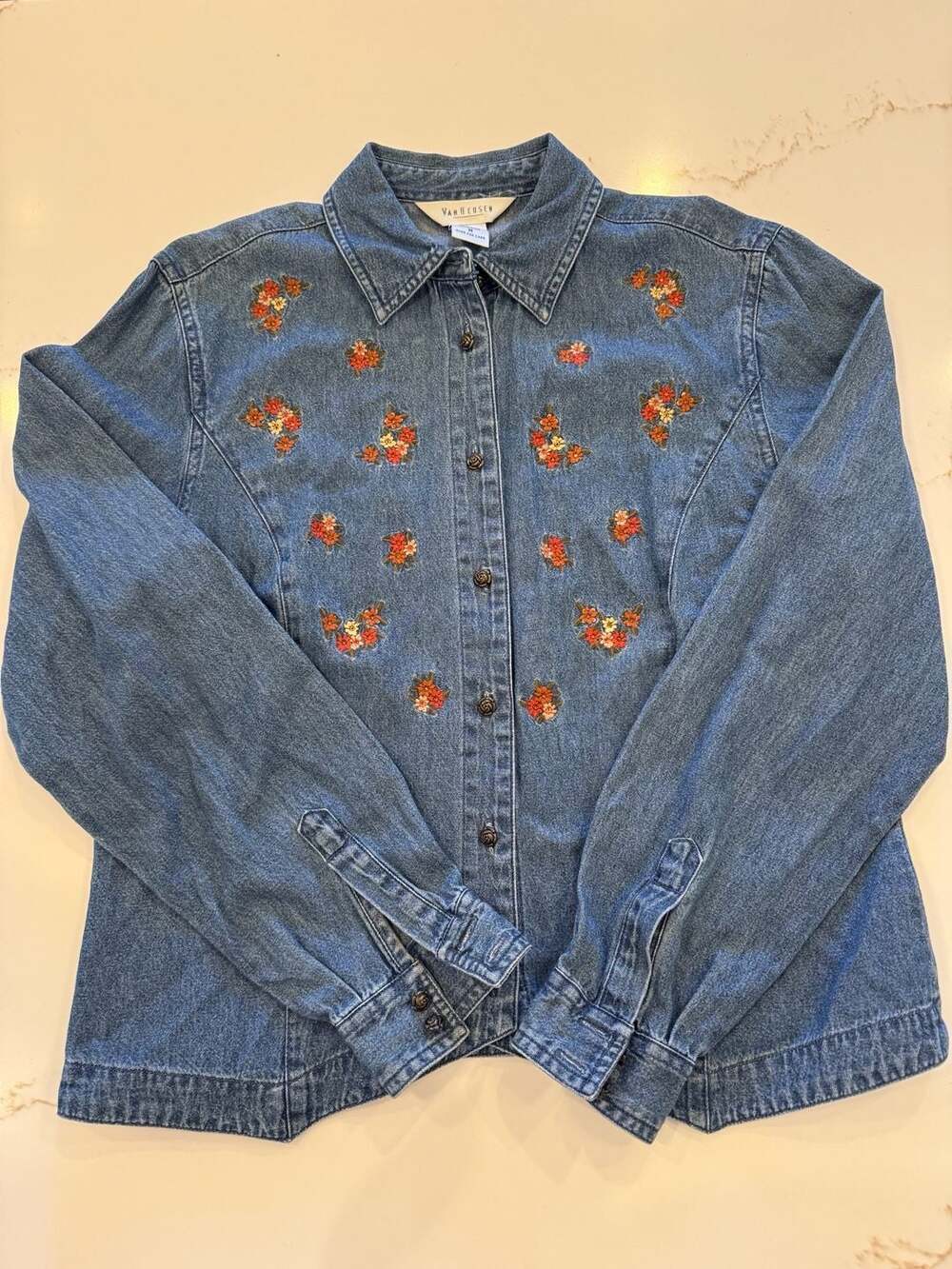 Vintage Van Heusen Embroidered Denim Shirt | 90s Floral Button Down | Rose Butto
